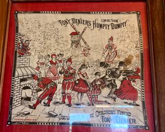 ANTIQUE TONY DENIERS HUMPTY DUMPTY PLAY HANDKERCHIEF IN FRAME.