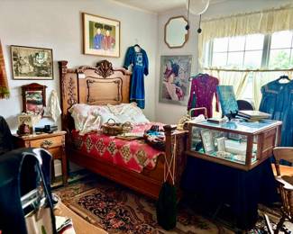 ANTIQUE OAK BEDROOM FULL OF VINTAGE CLOTHING, COSTUME JEWELRY, VINTAGE HANDBAGS, AND SCARVES.