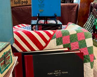 LOVE THIS 2 SIDED 42 STAR QUILT (1876 AND IRISH CHAIN.  NOTICE THE  FORT WORTH, TEXAS PLAT MAP BOOK.  SCARCE, HARD TO FIND.  CENTENNIAL.