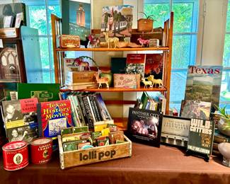 LANDING BEDROOM WITH BOOKS, TOBACCO TIN, VINTAGE TOYS AND VINTAGE HOLIDAY.  Lots of ephemera and postcards. 