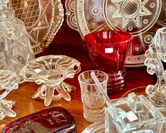 INTERESTING RUBY GLASS MIXED WITH EAPG EARLY AMERICAN PRESSED GLASS.