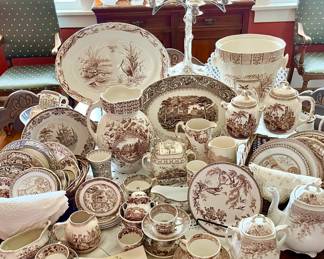ANTIQUE BROWN AND WHITE TRANSFERWARE IRONSTONE.  