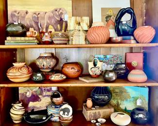 FULL OF INDIAN POTTERY, OIL PAINTINGS.