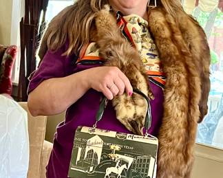 Stacie's on the move!  Love this vintage Fort Worth Meacham's Department store purse, and mink stole pelts.