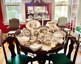 LARGE COLLECTION OF FANTASTIC ANTIQUE BROWN AND WHITE TRANSFERWARE.