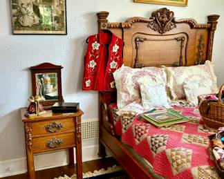 AMAZING ANTIQUE OAK FULL BED, NIGHTSTAND, DRESSER.