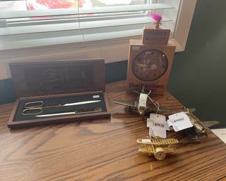 Budweiser Beechwood Aged Clock, WWII Fighter Plane Tape Dispenser, WWII Fighter Plane Stapler, Times Plane Clock  