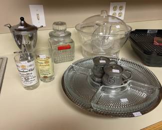 Crystal Glass Chrome Lazy Susan, Tea Urn, Ice Salad Bowl, Koeze Candy Jar Drugstore Glass Apothecary 