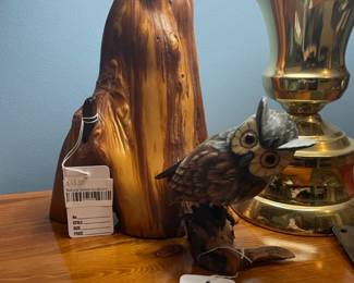 Painted Wood Owl Figurine, Natural Wood Sculpture, Antique Michigan License Plate , Antique Flat Iron, Brass Lamp 