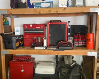 Light bulbs, box fan, cooler, Craftsman Tool Box, Craftsman Tool Chest Top , Craftsman Tool Chest Base, shop vac