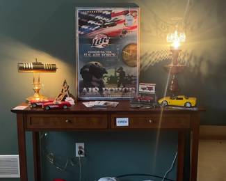 Wood console table, Brass Desk Lamp, 1957 Corvette Model, Masonic Freemason Bookend Pair 