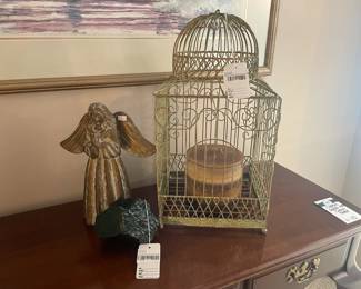 Cherry Wood Queen Anne Console Table, Patina Style Metal Birdcage 