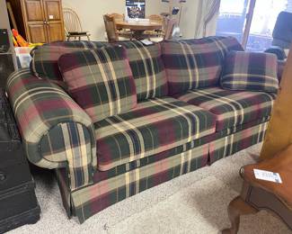 Plaid Pull Out Sofa, Wood Inlay Coffee Table 