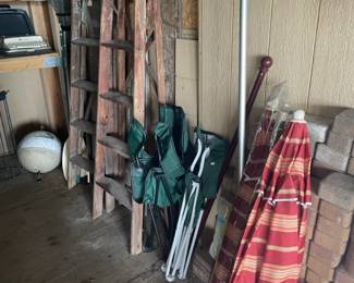 Six Foot Wooden Ladders, Umbrella Patio Side Table, Gas Cans , Kenmore Propane Gas Grill Model 119.162300 BQ06WIC 