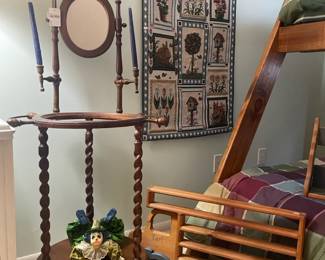 Tapestry Wall Hanging, Vintage Wooden Wash Basin 