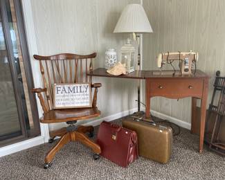 Luggage, Brother Sewing Machine Table, Fiddleback Desk Chair 