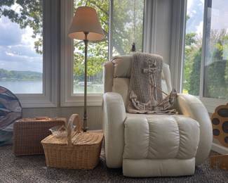Picnic Baskets , Leather Recliner, Rembrandt Floor Lamp  