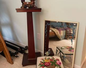 Vintage Needlepoint Footrest, Wood Pedestal Plant Stand, Goose Mirror 