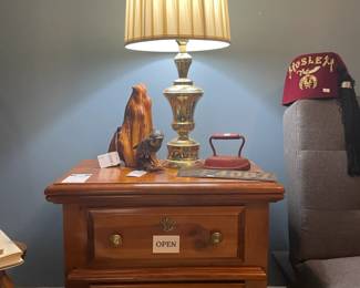Nightstand , Brass Lamp , Painted Wood Owl Figurine 
Natural Wood Sculpture 