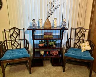 Chinoiserie vintage Chippendale chairs with rosewood oriental bookcase.