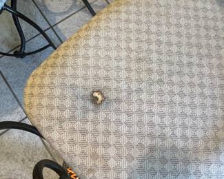 $140 Kitchen Table with 4 chairs Iron and glass top. Corners are rounded. Two chairs have rust from being out doors, two chairs have upholstery damage 
42W 29T