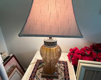 $80 Pair of glass amber leaf lamps 39T