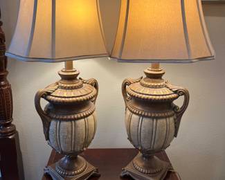 $60 Pair of gold and tan urn like lamps, crackled design 34T 12W