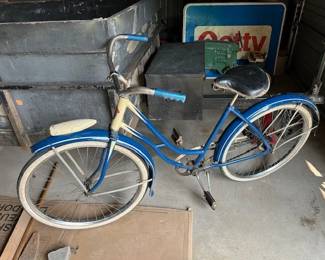 Looks to be original and complete. Tires hold air and are up. Skip chain and sprocket. Leather seat is intact. Juile rode it today!