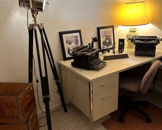 Antique typewriters, search light spot light tripod floor lamp 