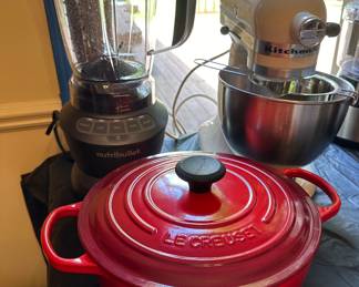 Red LeCreuset pot , Kitchen Aid mixer 
