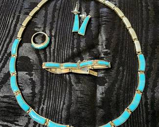 Sleeping Beauty turquoise  Bracelet,  ring, necklace and earrings Designed by Calvin Begay.