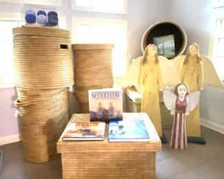Extra large organic woven lidded Storage baskets. Large wooden angels. Beautiful coffee table books
