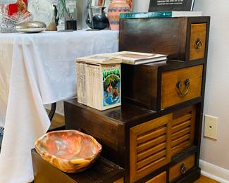 Two sided solid wood library stairs with storage compartments. This is an incredible piece.
