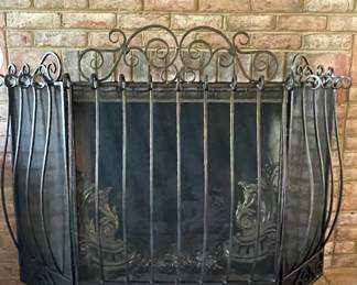 Amazing fire screen, two cast iron andirons