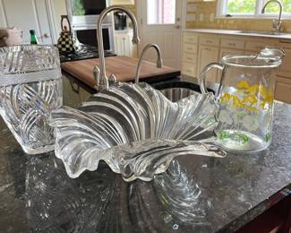 Heavy crystal vase, Mikasa crystal centerpiece bowl, Barlet-Collins 1950 glass pitcher