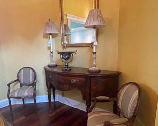 Thomasville flame mahogany, serpentine, Sheraton Federal style sideboard/server,                                         Ethan Allen upholstered chairs, gold beveled mirror,                                                          Concord Simone lamps (floral bronze and porcelain with tassels )