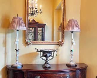 Thomasville flame mahogany, serpentine, Sheraton Federal style sideboard/server, (the three white dots are a reflection from front window)