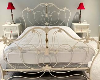 Pottery Barn: White Queen metal bed, two side tables, red shade lamps. MATTRESS NOT INCLUDED