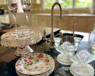 Chintz cake stand and matching plates, Jeannette iris, red, yellow frosted, double candle holders( pair), crystal champagne flutes.