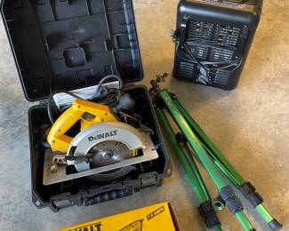 DeWalt circular saw, DeWalt grinder, sprinkler, electric heater