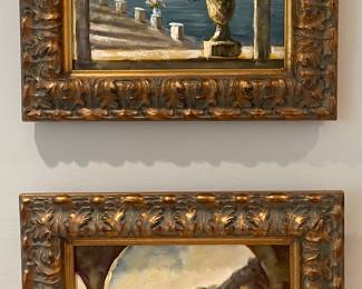 Scenic oil paintings in ornate frames