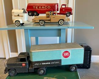 Buddy L Texaco Tanker Truck, Vintage Tonka Farm Truck w/Trailer, Marx 2-piece Sears Truck and Trailer.