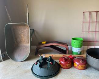 Wheelbarrow, car ramps, Eagle gas cans, tree stand, plastic buckets, oak flooring ...