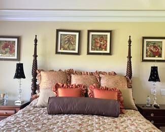 Ethan Ellan framed wall art: One of 4 floral pictures numbered and signed. Beautiful bed linens!