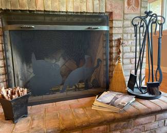 Black fireplace screen, Turkey andirons, fireplace tool set...