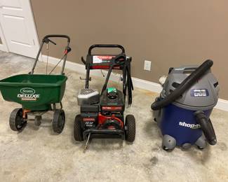 Scott spreader, Troy-Built pressure washer, Shop-Vac