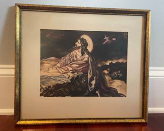 Painting of Jesus in the garden praying with disciples.  Signed by artist E Frady (Ernestine Ellen Frady (1909-2003). She was the sister of Lovell Swindoll, who was the mother of Charles Swindoll.