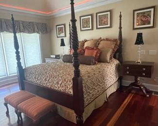 Martha Stewart by Bernhardt king bed, handcrafted bedding/pillows, four floral pictures numbered and signed.