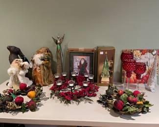 Beaded fruit wreaths, metal wreath with candles and berries, Santas, framed Santa, Dillard's glass tree, red glass candle holder set