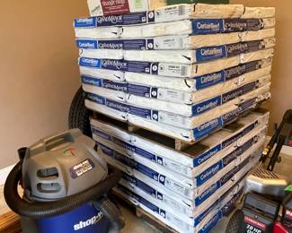 CertainTeed Grand Manor, Gatehouse Slate 3220 roofing shingles, 3 boxes Shangle Ridge, Shop Vac, green tackle box with fishing supplies.
